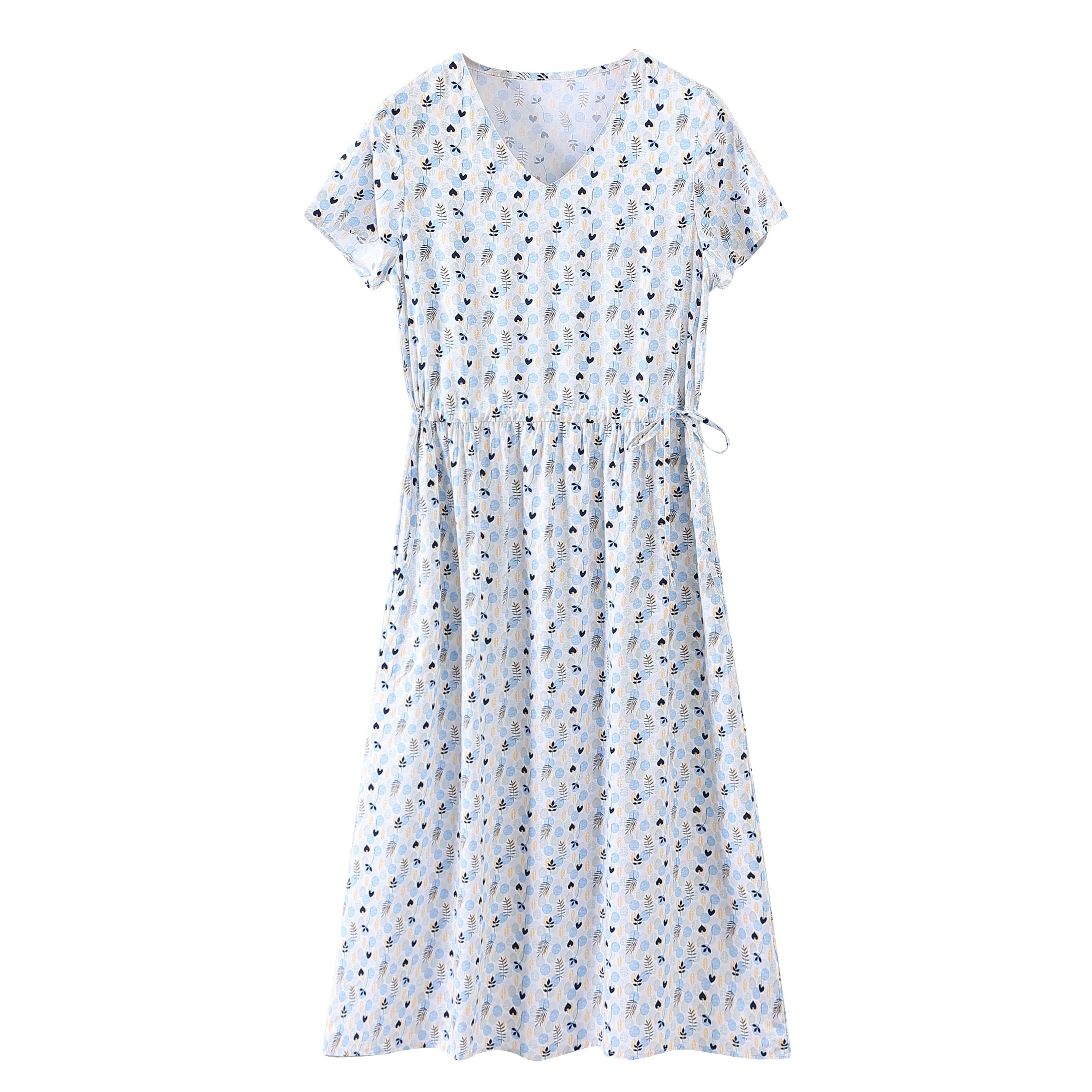 女装 小花柄ボタニカル半袖ウエストギャザーワンピース