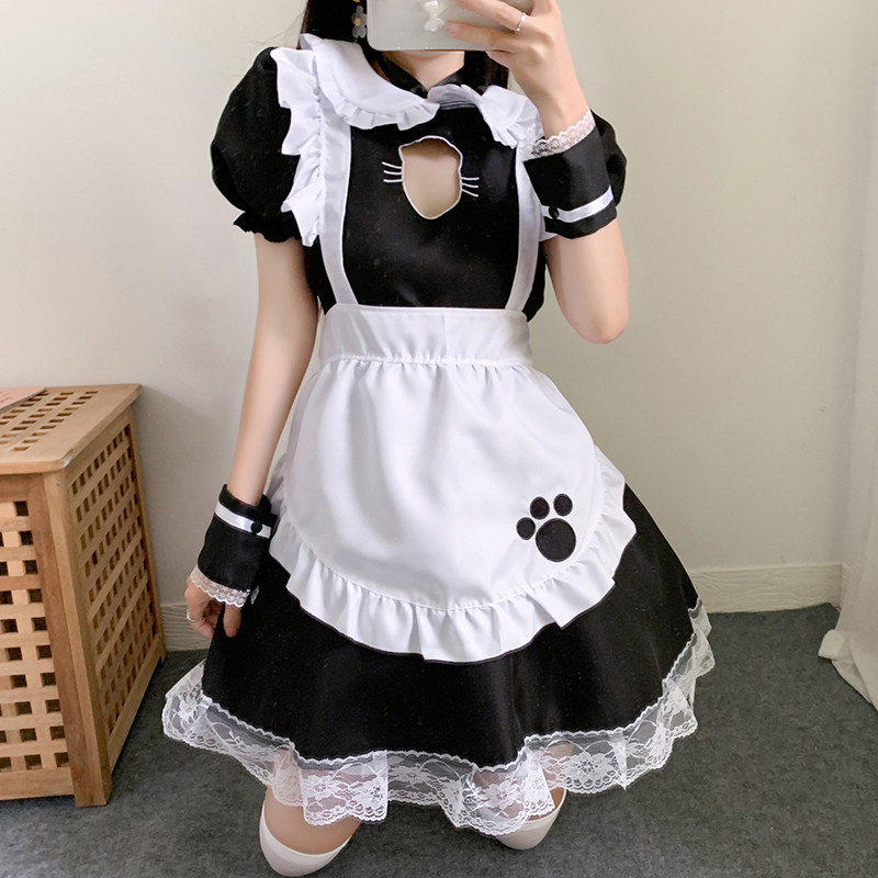 女装 猫耳風胸元カット付き肉球柄エプロンメイド服