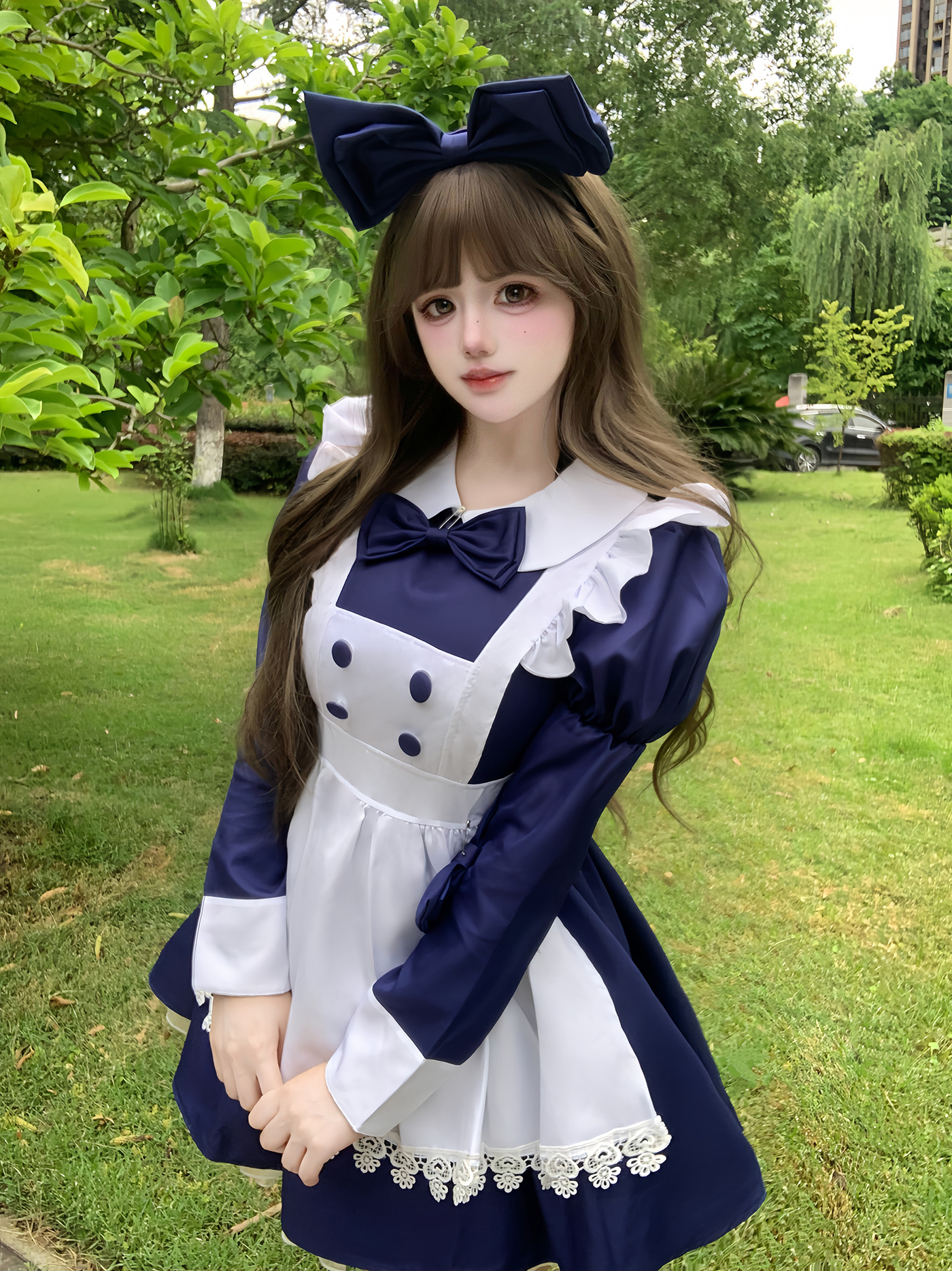 女装 フリル付きエプロンが可愛いメイドワンピースセット