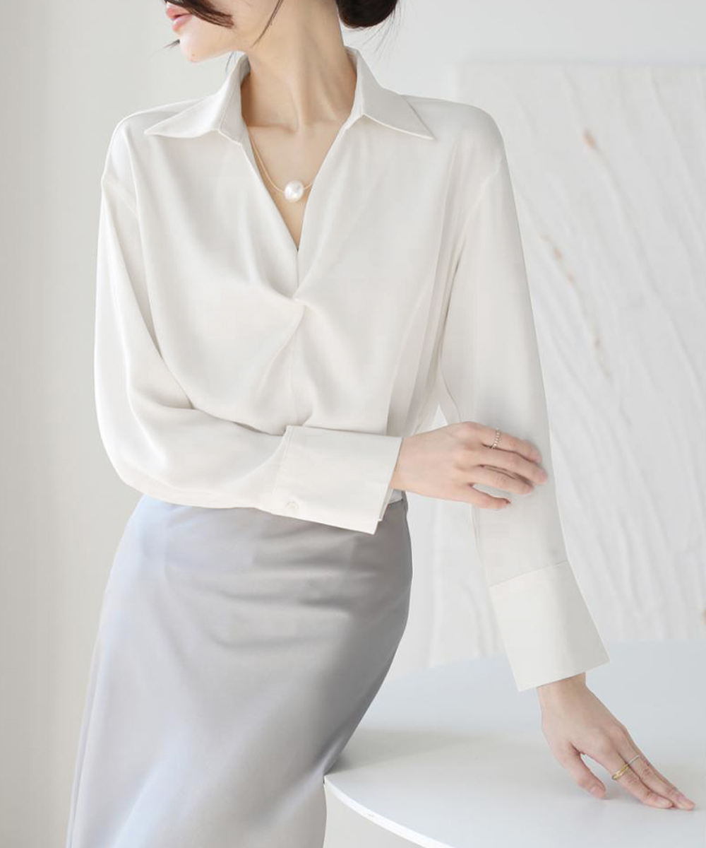 女装 上品な深襟ねじりブラウス長袖スーツシャツ