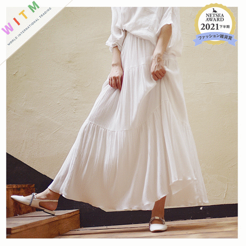 女装 春夏新作 透け感フレアスカート ゆったり長丈 ウエストゴム仕様