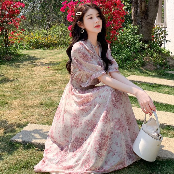 女装 花柄ボウタイワンピース ピンク系 大きいサイズ対応 上品長袖