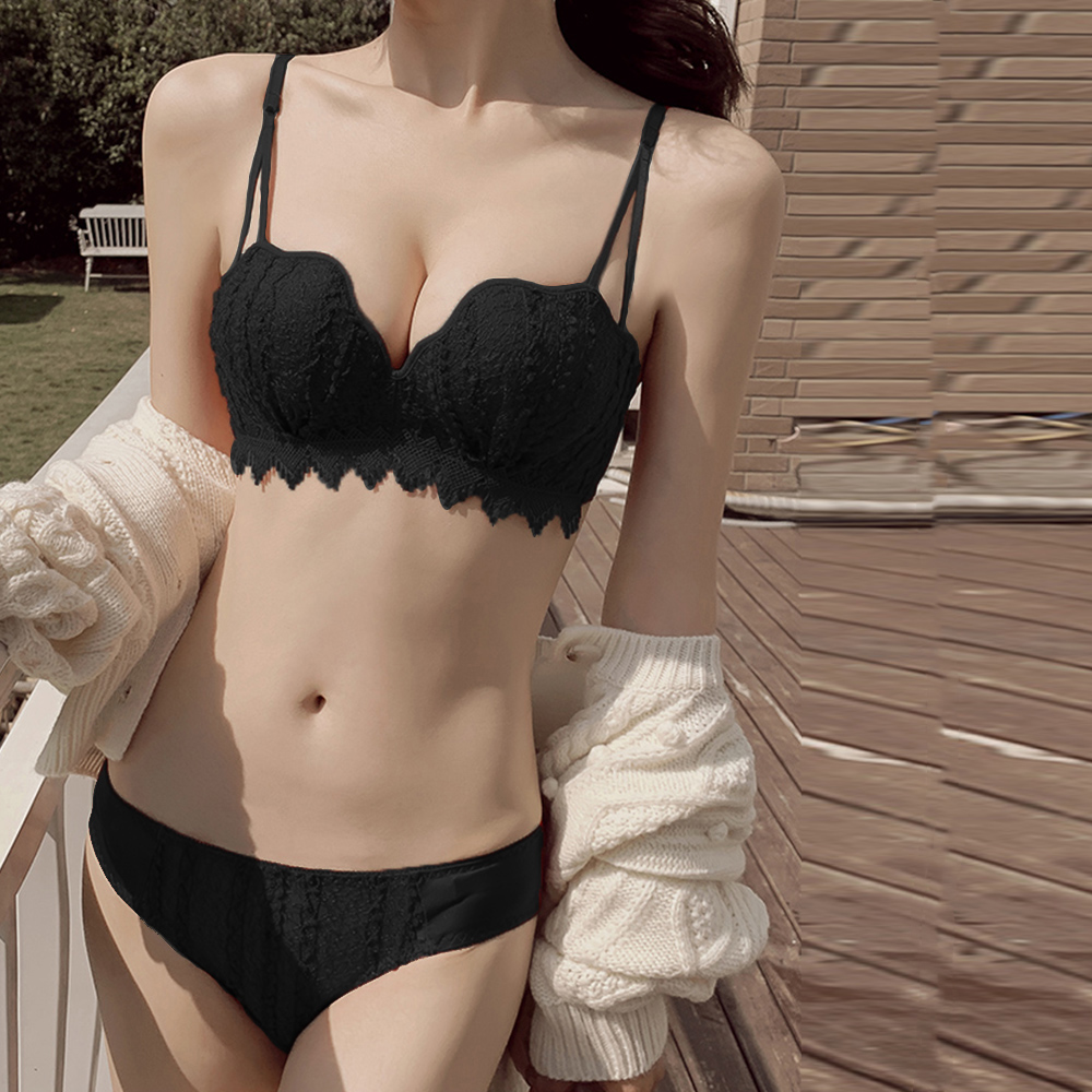 女装 繊細な花柄刺しゅうノンワイヤー下着セット 