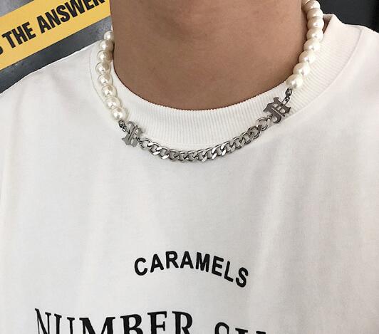 メンズアクセサリー メンズ真珠風チェーン切替ネックレス