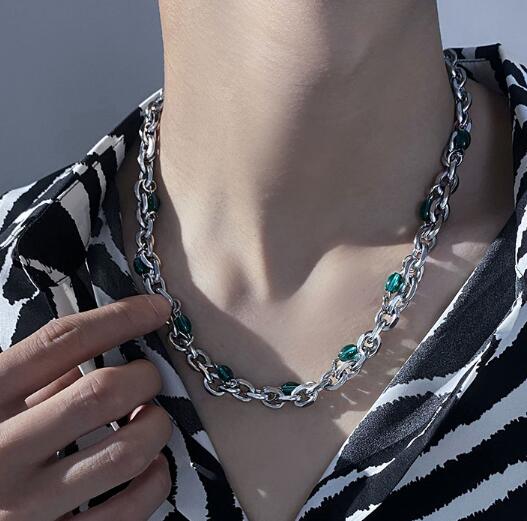 メンズアクセサリー メンズ チェーンネックレス グリーンストーン付き