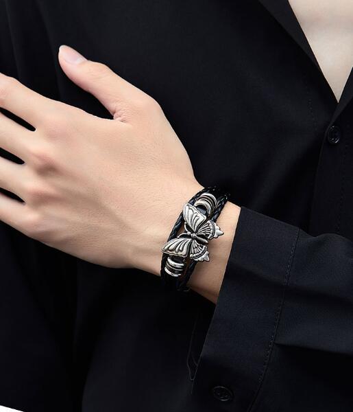 メンズアクセサリー 蝶モチーフ 黒革編み込みブレスレット