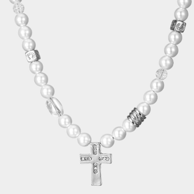 メンズアクセサリー 神秘十字架パールネックレス