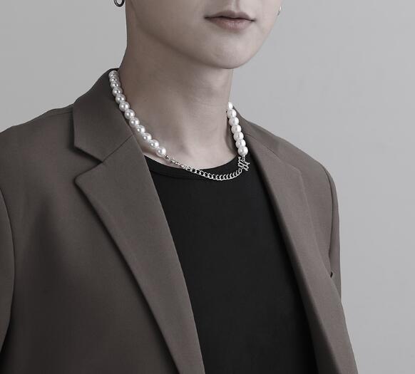 メンズアクセサリー メンズ真珠風チェーン切替ネックレス
