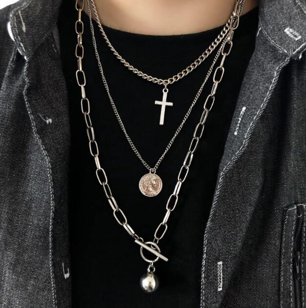 メンズアクセサリー 重ね付け風十字架コイン球体チェーンネックレス
