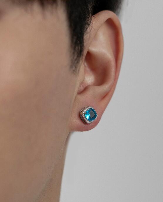 メンズアクセサリー ブルー宝石風スクエアピアス メンズユニセックス