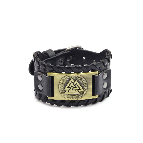 メンズアクセサリー 北欧風レザー調ブレスレット ヴィンテージ三角紋章付き