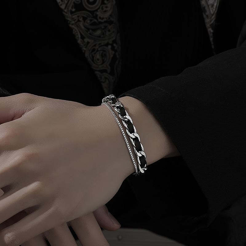 メンズアクセサリー 編み込み二連チェーンブレスレット