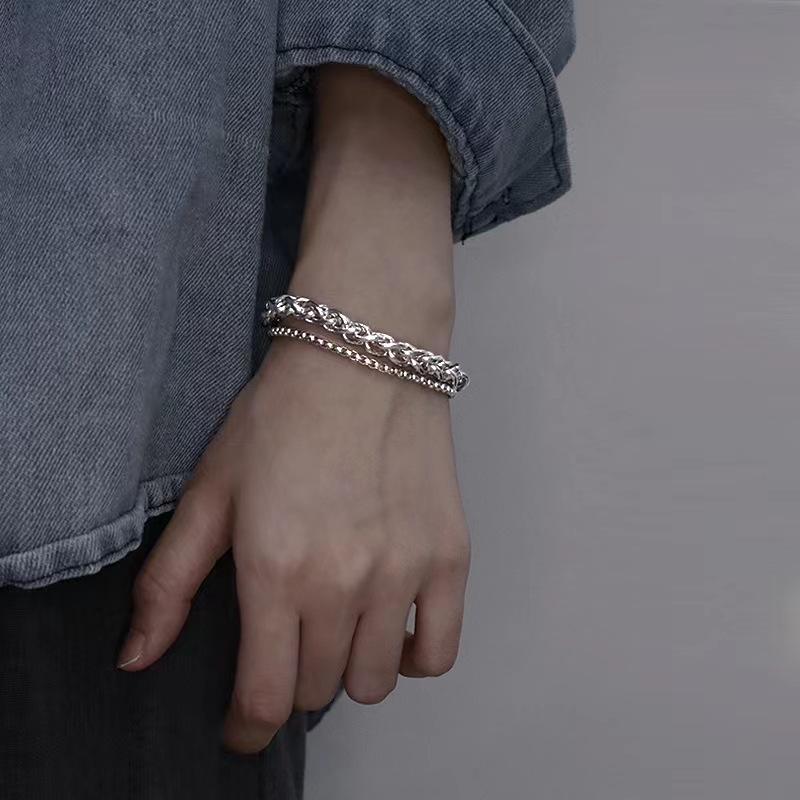 メンズアクセサリー 二連チェーン編み込みデザインブレスレット