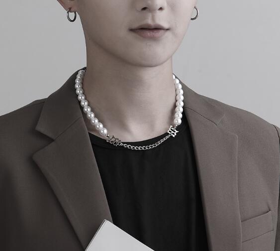 メンズアクセサリー メンズ真珠風チェーン切替ネックレス