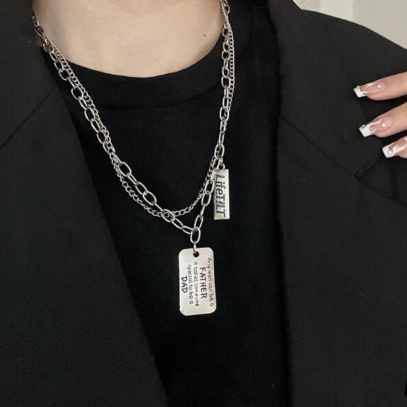 メンズアクセサリー メンズ二連チェーンネックレス プレート付き重ね着け風