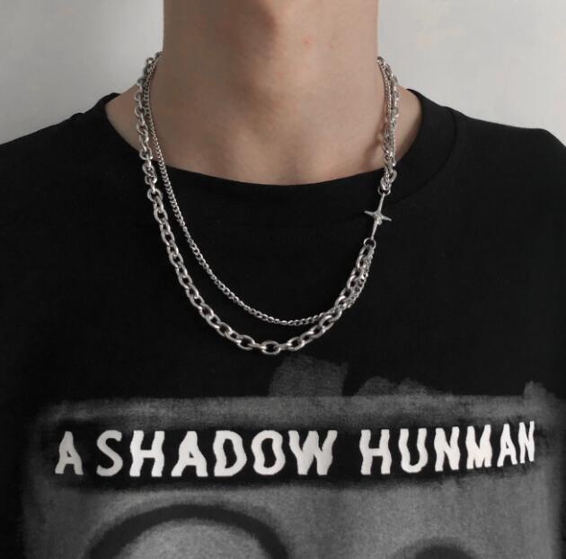 メンズアクセサリー 星型チャーム付き二連チェーンネックレス