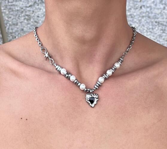 メンズアクセサリー メンズ ハート チャーム ビーズ ネックレス