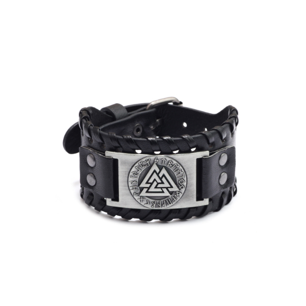 メンズアクセサリー 北欧風レザー調ブレスレット ヴィンテージ三角紋章付き