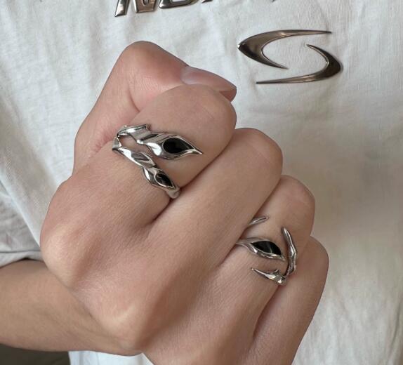 メンズアクセサリー 男性用シルバー調節可能な葉っぱ指輪