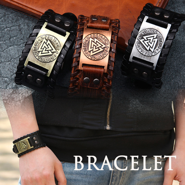 メンズアクセサリー 北欧風レザー調ブレスレット ヴィンテージ三角紋章付き