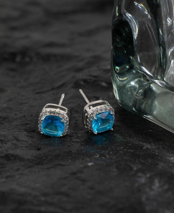 メンズアクセサリー ブルー宝石風スクエアピアス メンズユニセックス