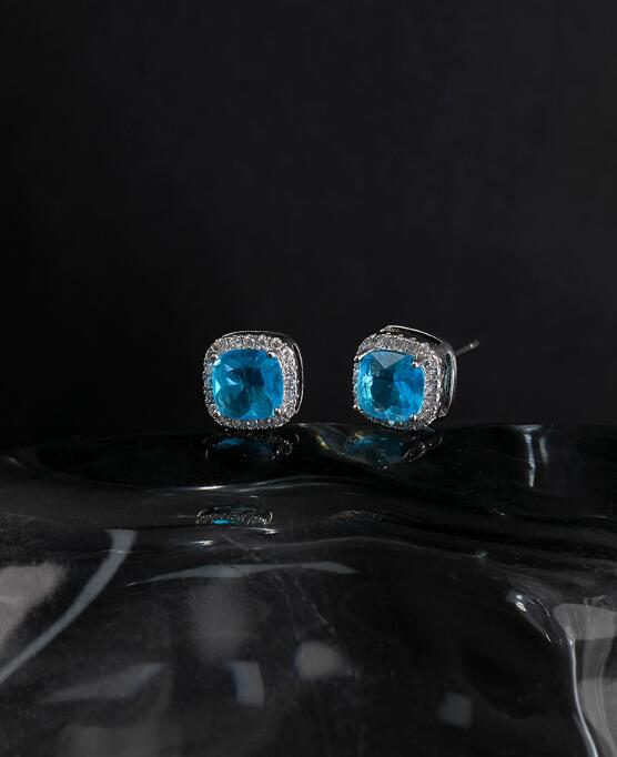 メンズアクセサリー ブルー宝石風スクエアピアス メンズユニセックス