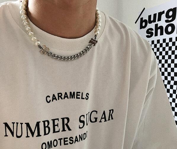 メンズアクセサリー メンズ真珠風チェーン切替ネックレス