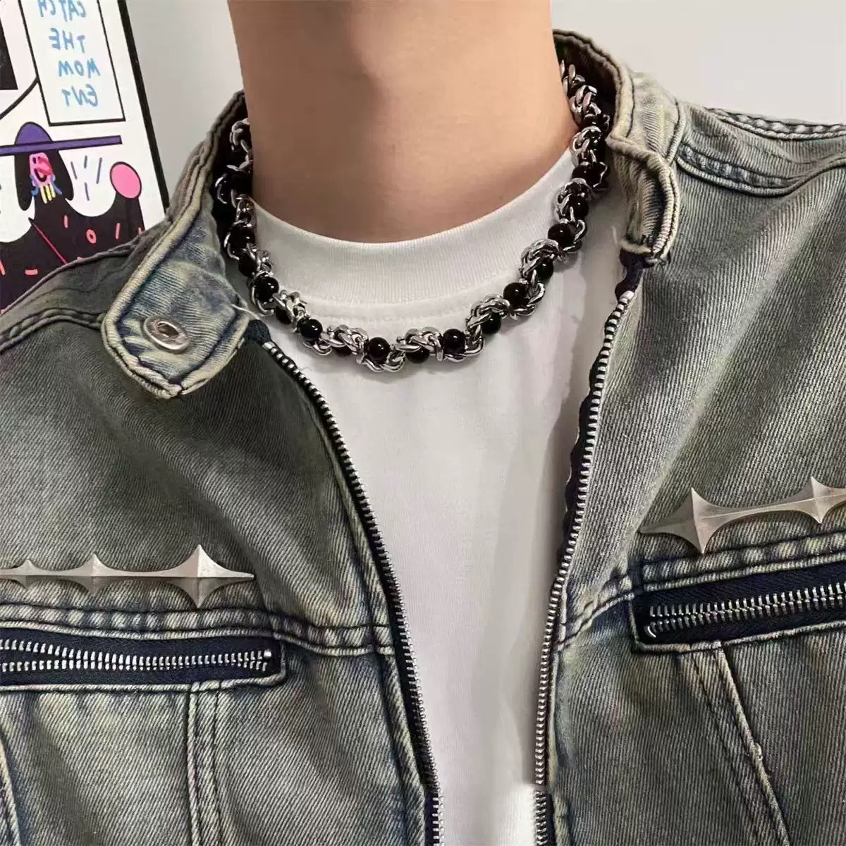 メンズアクセサリー 珠玉と鎖の織りなすネックレス