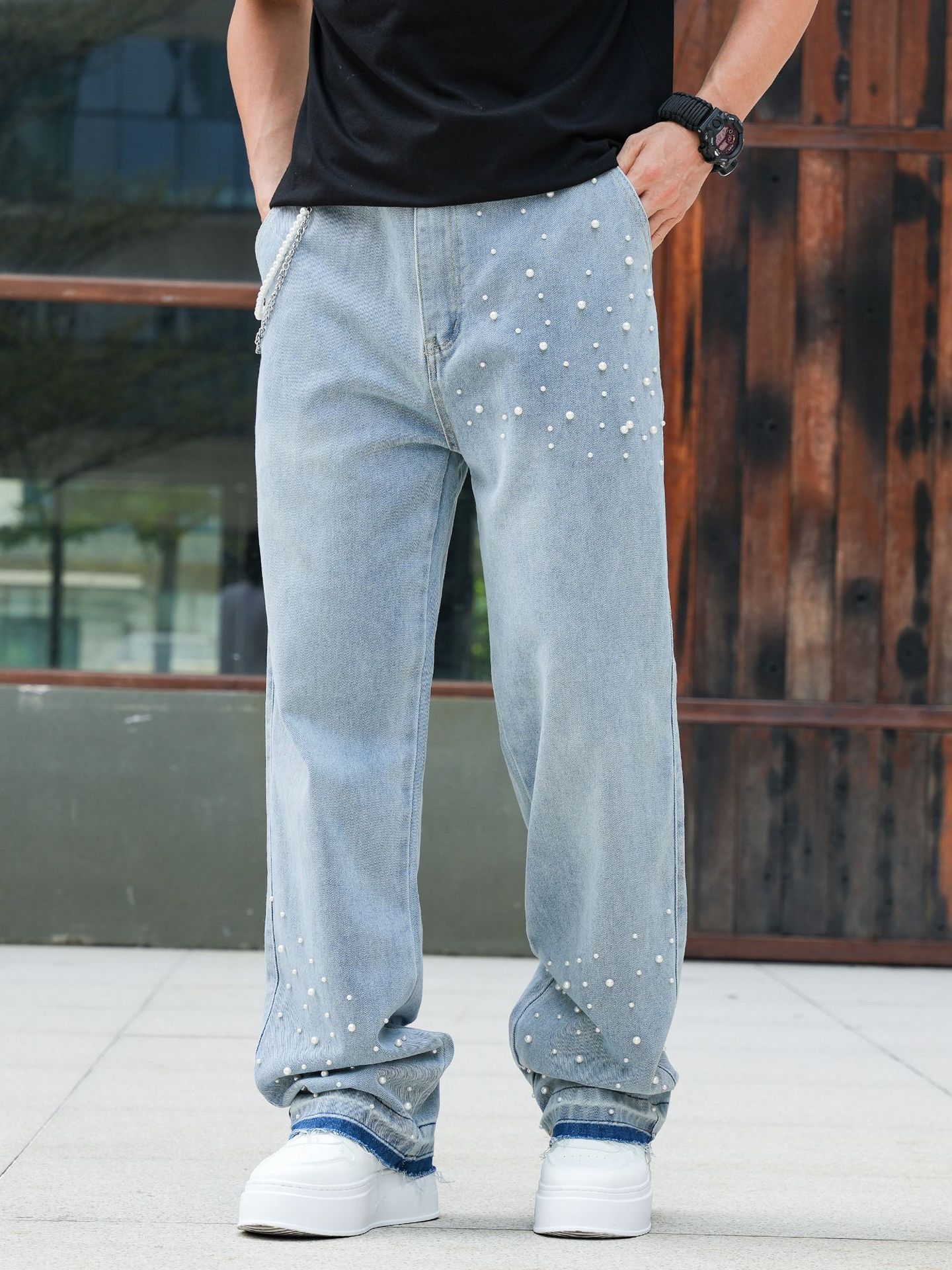 ラインストーン装飾ワイドメンズデニムパンツ