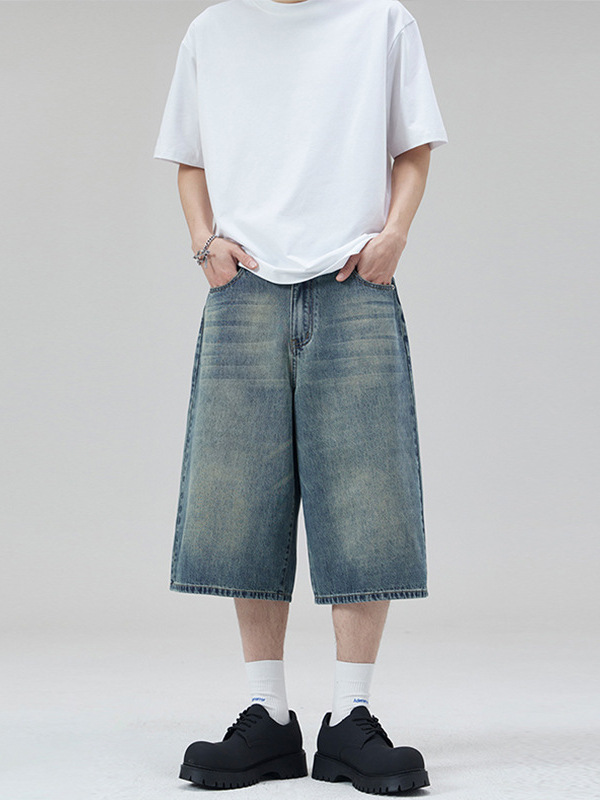 メンズデニムパンツ ヴィンテージ加工ワイドデニムショートパンツ