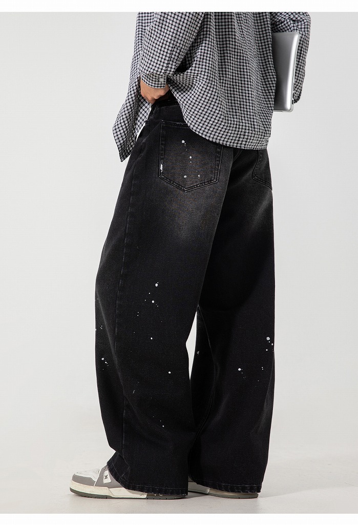 メンズデニムパンツ ヴィンテージウォッシュ ペイント加工 ワイド