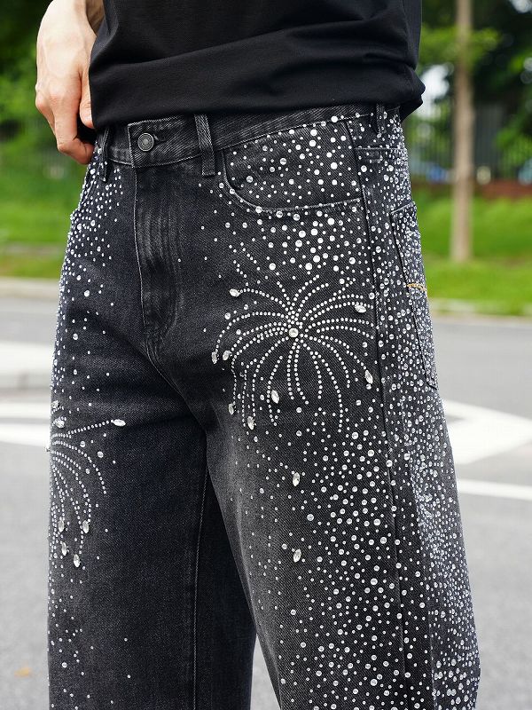 ラインストーン装飾メンズデニムパンツ街系ワイドボトムス