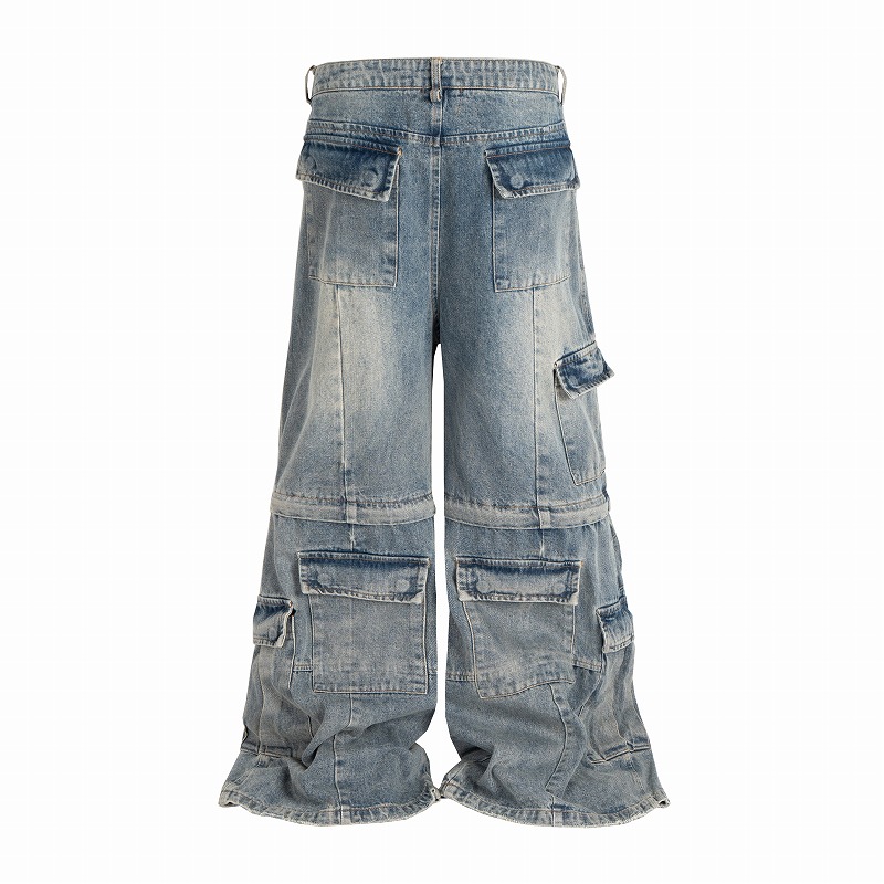 メンズデニムパンツ ビンテージ風 カーゴ ワイドシルエット