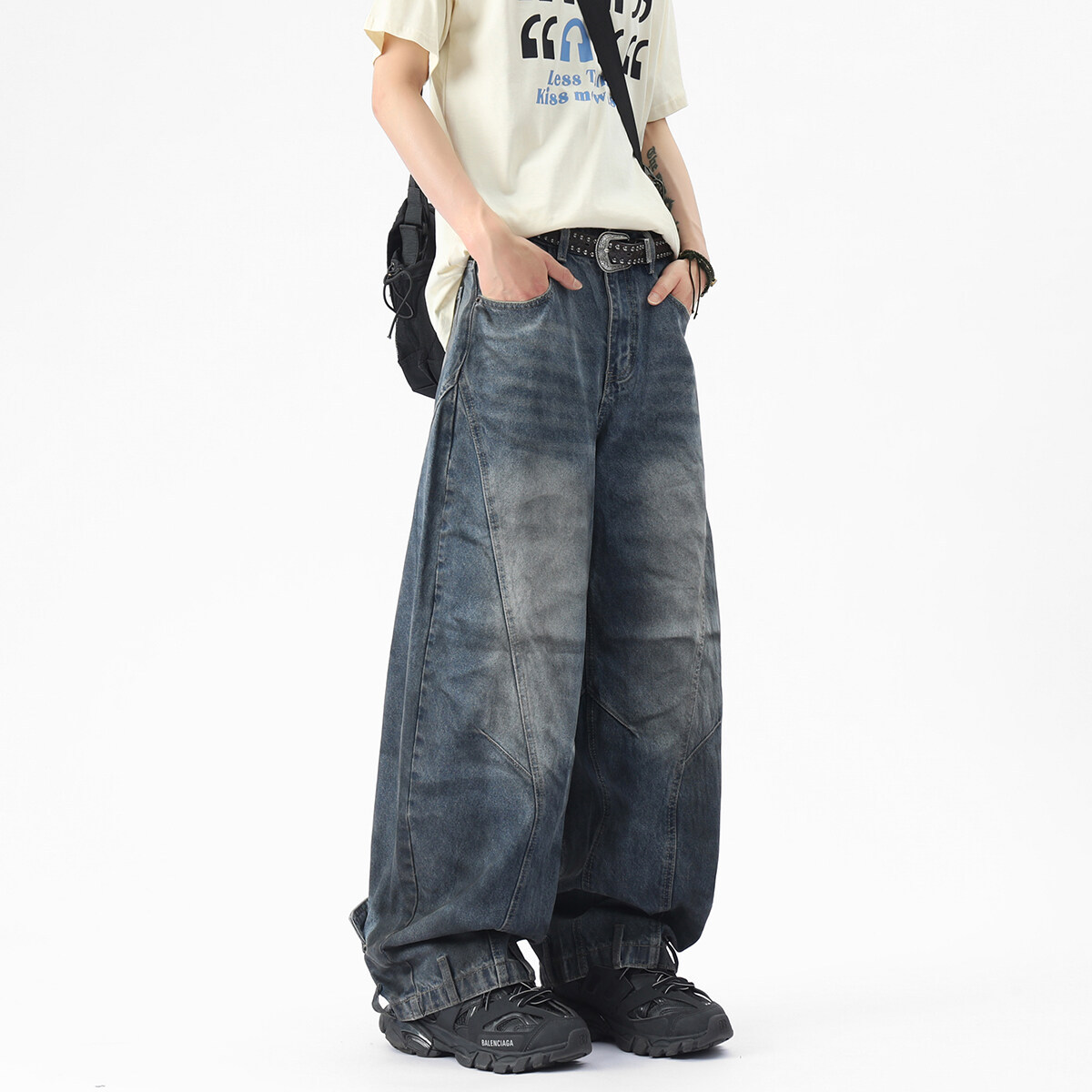 メンズデニムパンツ ビンテージ風バギー男女兼用ストリート系