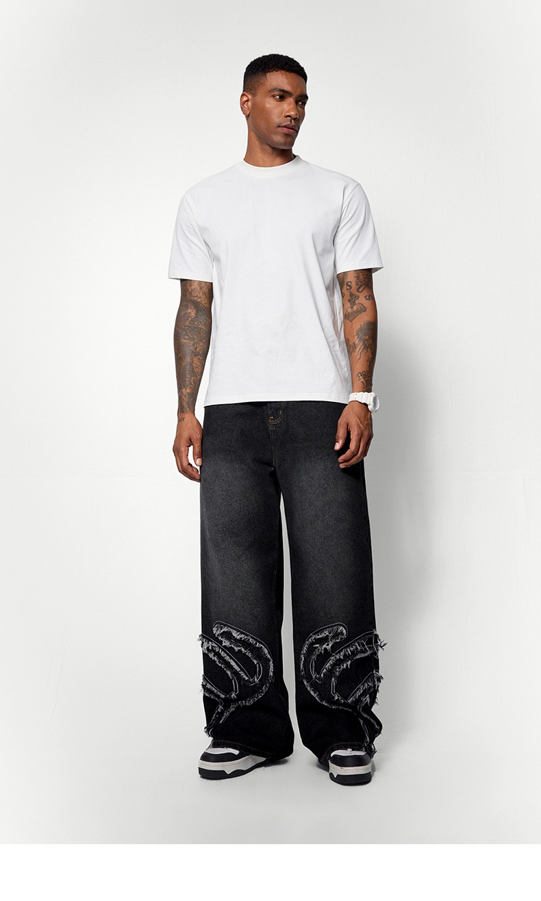 メンズデニムパンツ ウォッシュ加工 ダメージ風パッチ付きワイド ゆったりシルエット