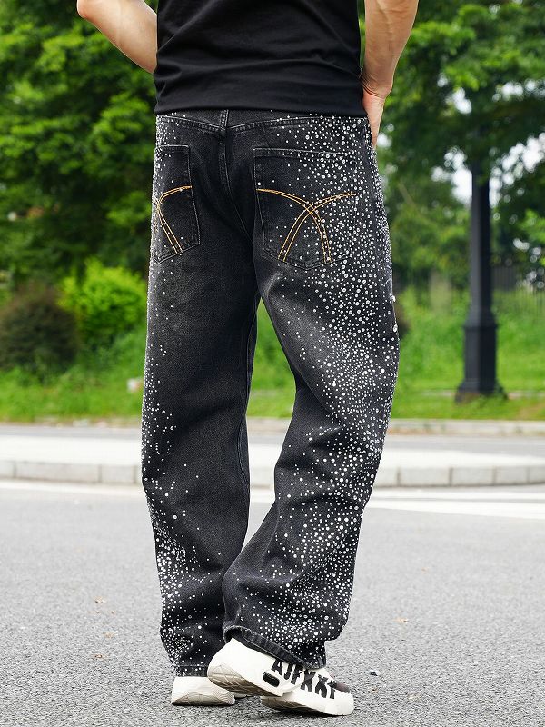ラインストーン装飾メンズデニムパンツ街系ワイドボトムス