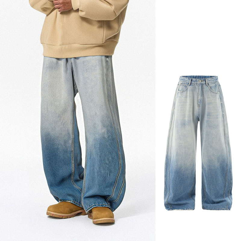 メンズデニムパンツ メンズ 秋作 グラデーション ワイドデニムパンツ ヴィンテージ加工