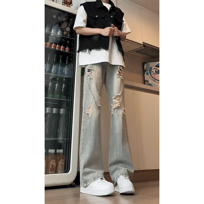 デニムパンツメンズ ダメージ ヴィンテージ風ダメージワイドデニム