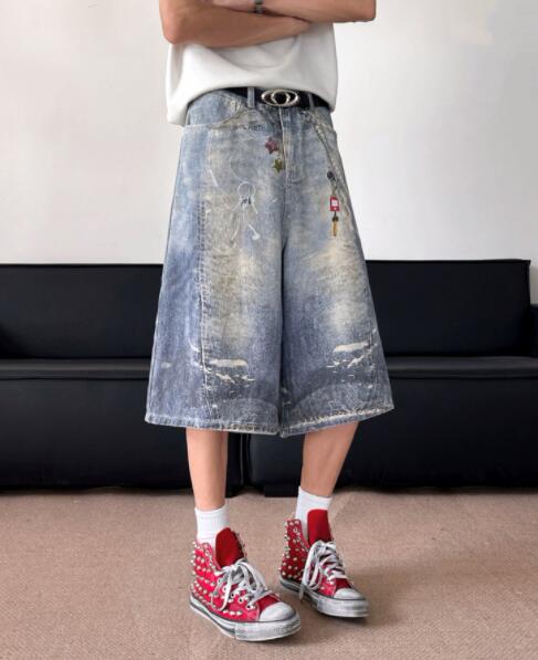 メンズデニムパンツ メンズデニムワイドハーフパンツダメージ加工