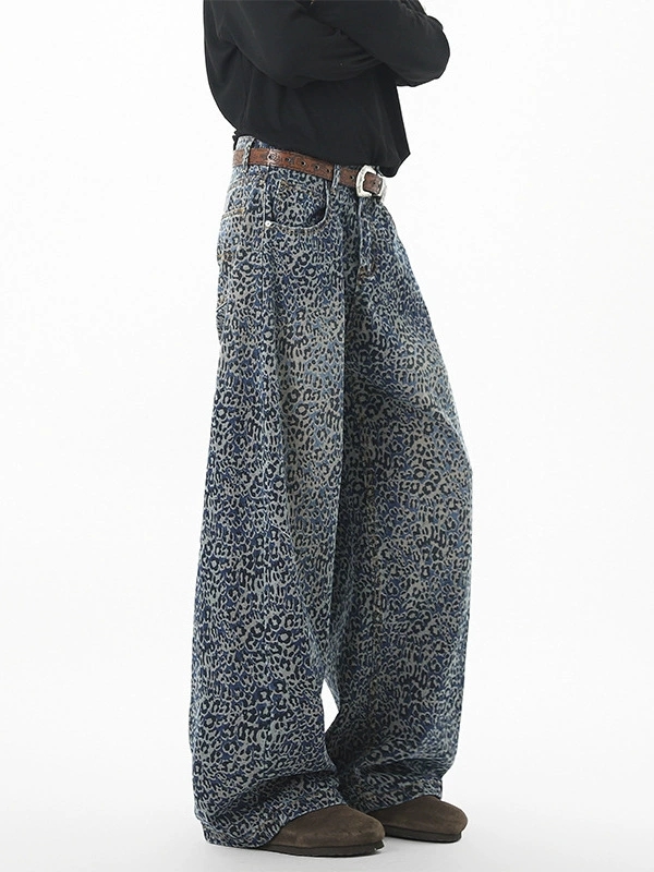 メンズデニムパンツ 豹柄プリントワイド秋冬