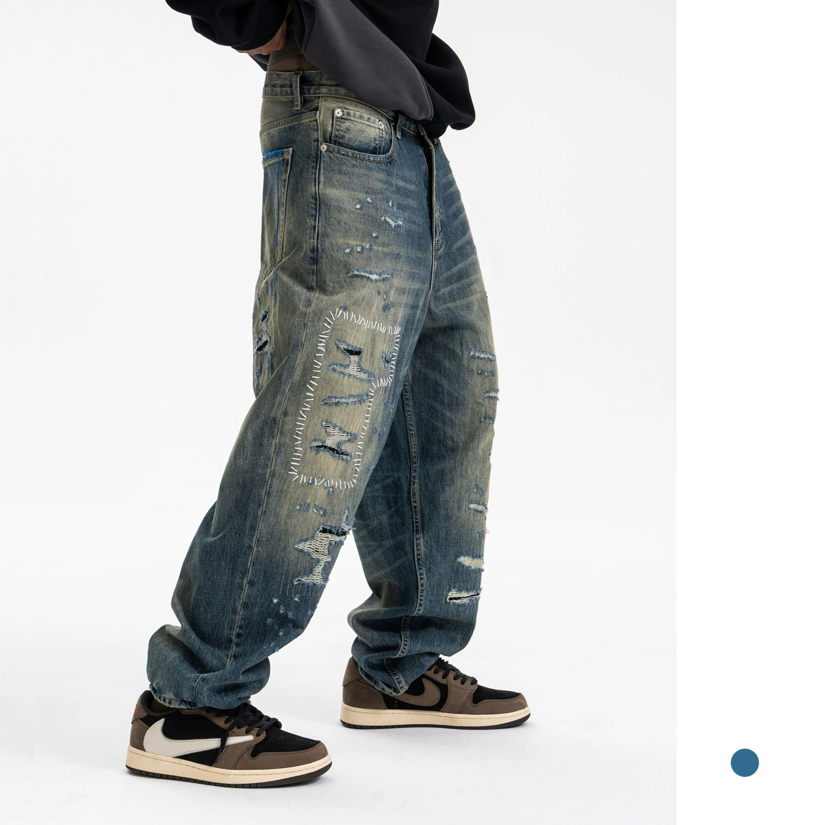 メンズデニムパンツ 男性用ダメージ加工ストリート風デニムパンツ