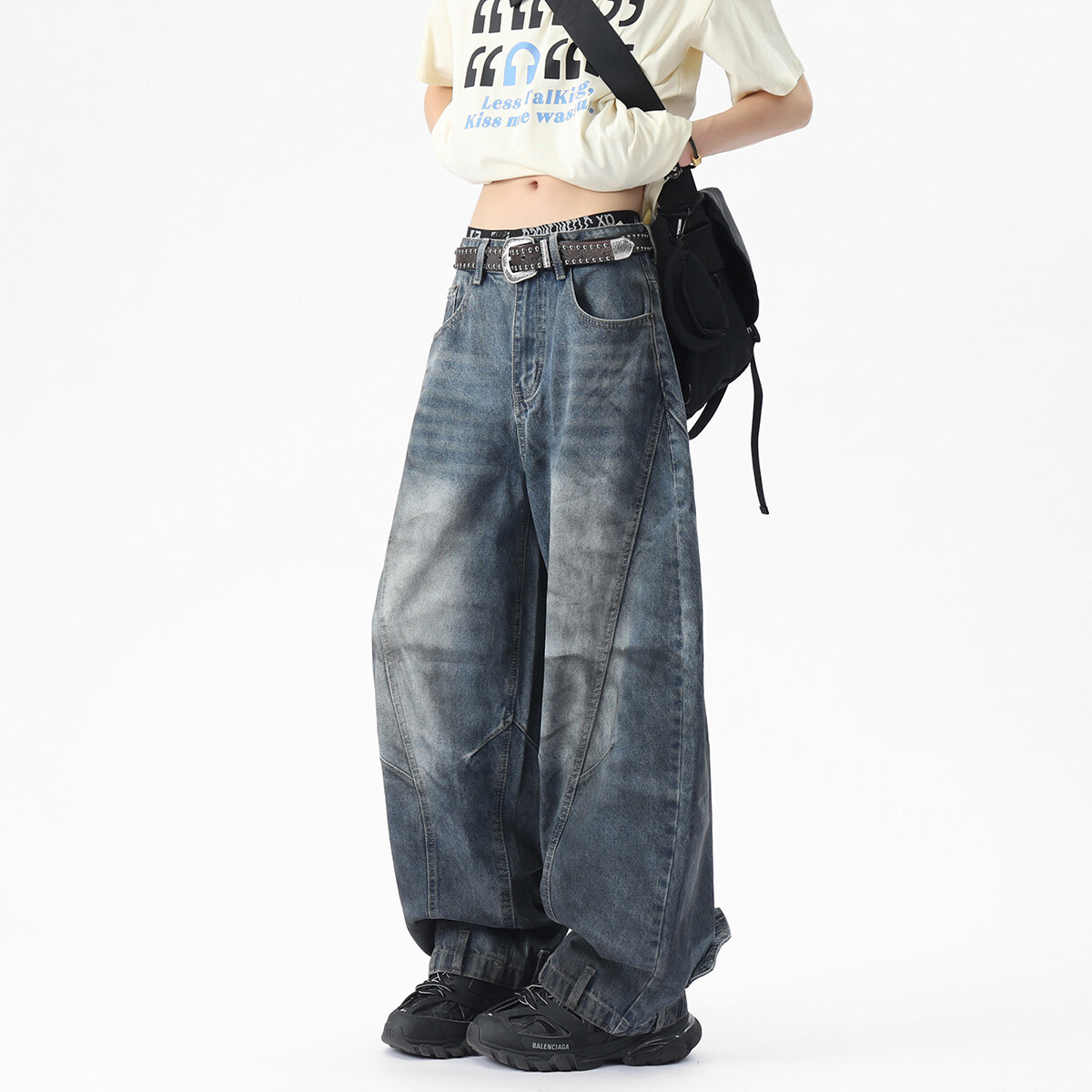 メンズデニムパンツ ビンテージ風バギー男女兼用ストリート系
