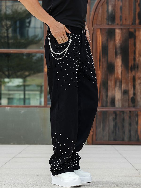 メンズデニムパンツ 男性用ラインストーン装飾デニムパンツ黒色街系新作