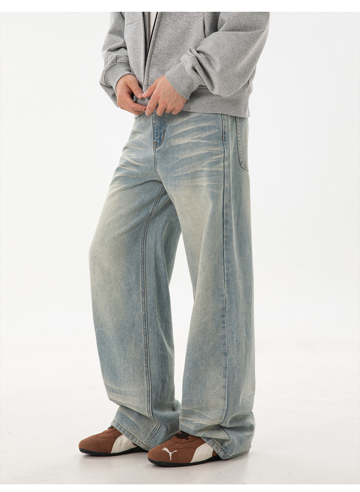 メンズデニムパンツ 秋新作 ヴィンテージ風ウォッシュド ワイドストレート全2色