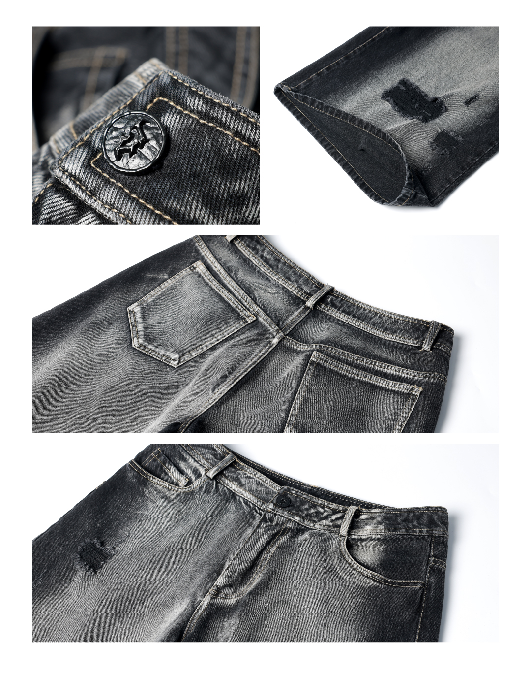 デニムパンツメンズ ワイドシルエット破れ加工デニム