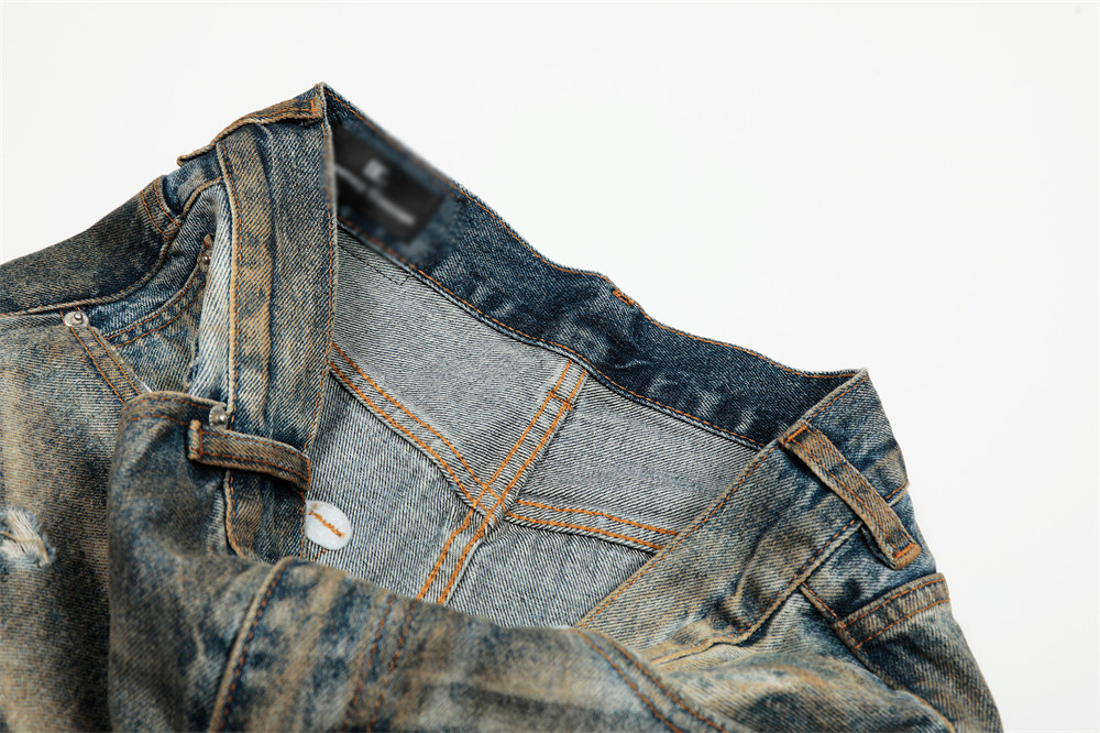 メンズデニムパンツ ダメージ加工 ヴィンテージ風 ワイド