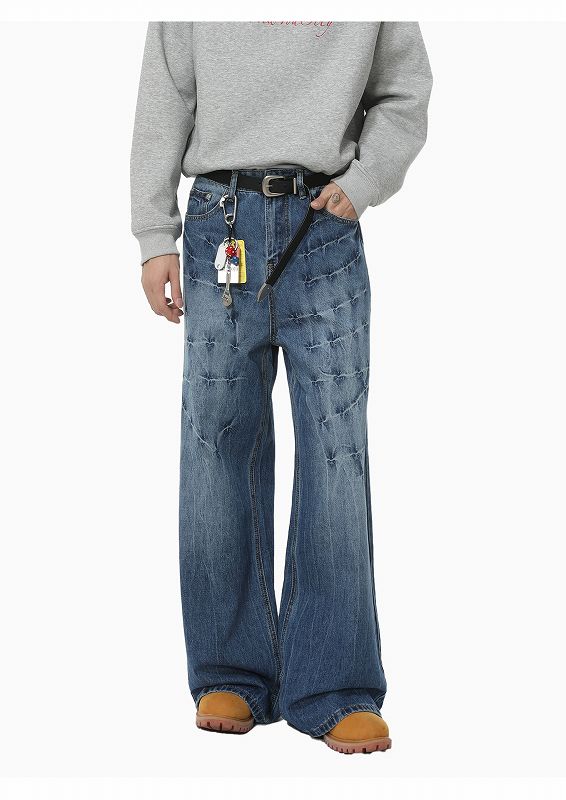 メンズデニムパンツ ワイドシルエット ダメージ加工 ストリート系ボトムス