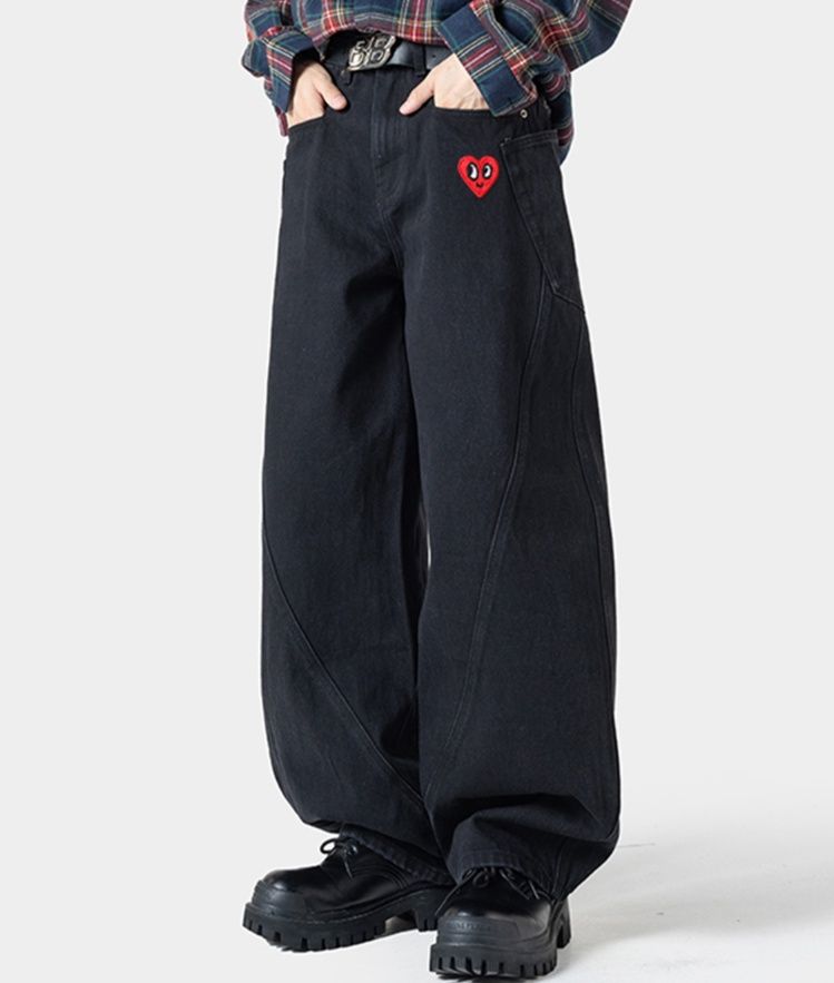 デニムパンツメンズ バギー ハートワッペン付きルーズデニム
