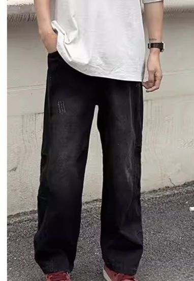 デニムパンツメンズ ワイド ダメージ加工ゆったりデニムパンツ