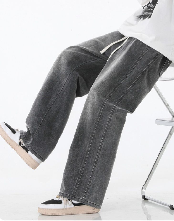 デニムパンツメンズ ワイド ゆったりシルエット 紐付き デニムパンツ